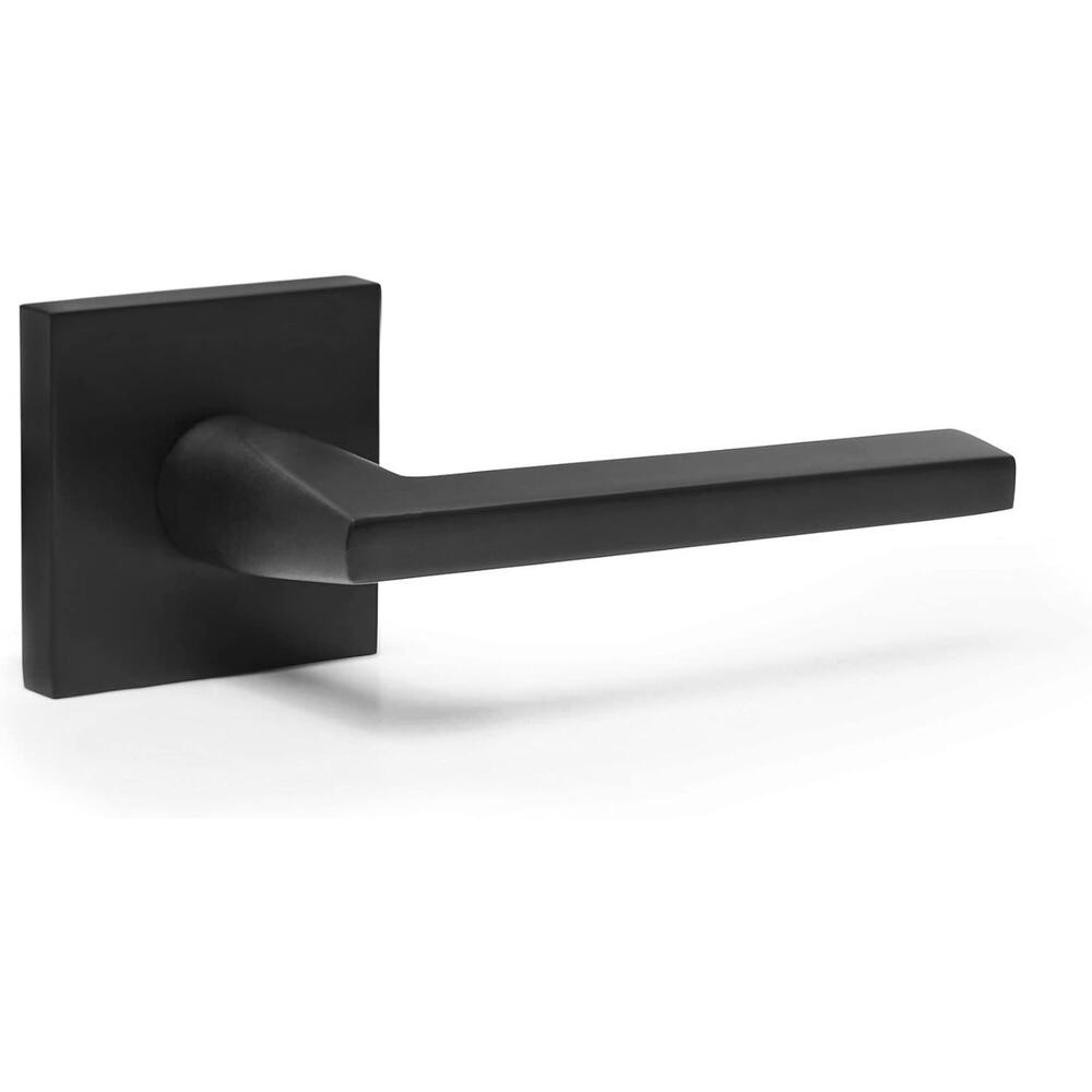 Paris Matte Black Door Handle, Solid Brass Privacy Lever Set, Square Backplate